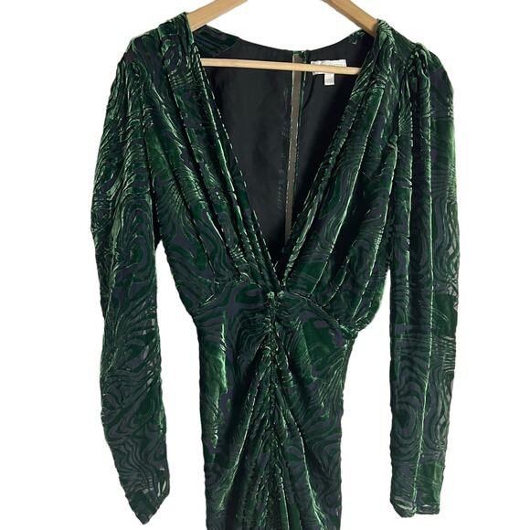 Ronny Kobo Astrid Green Animal Print Velvet Ruched Long Sleeve Midi Dress XS - Picture 5 of 14
